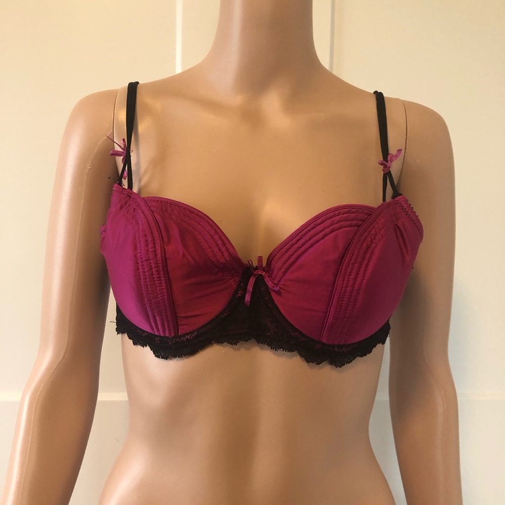 Marilyn Monroe Magenta Pink Black Satin Mesh Lace Scallop Cup Bra 34D